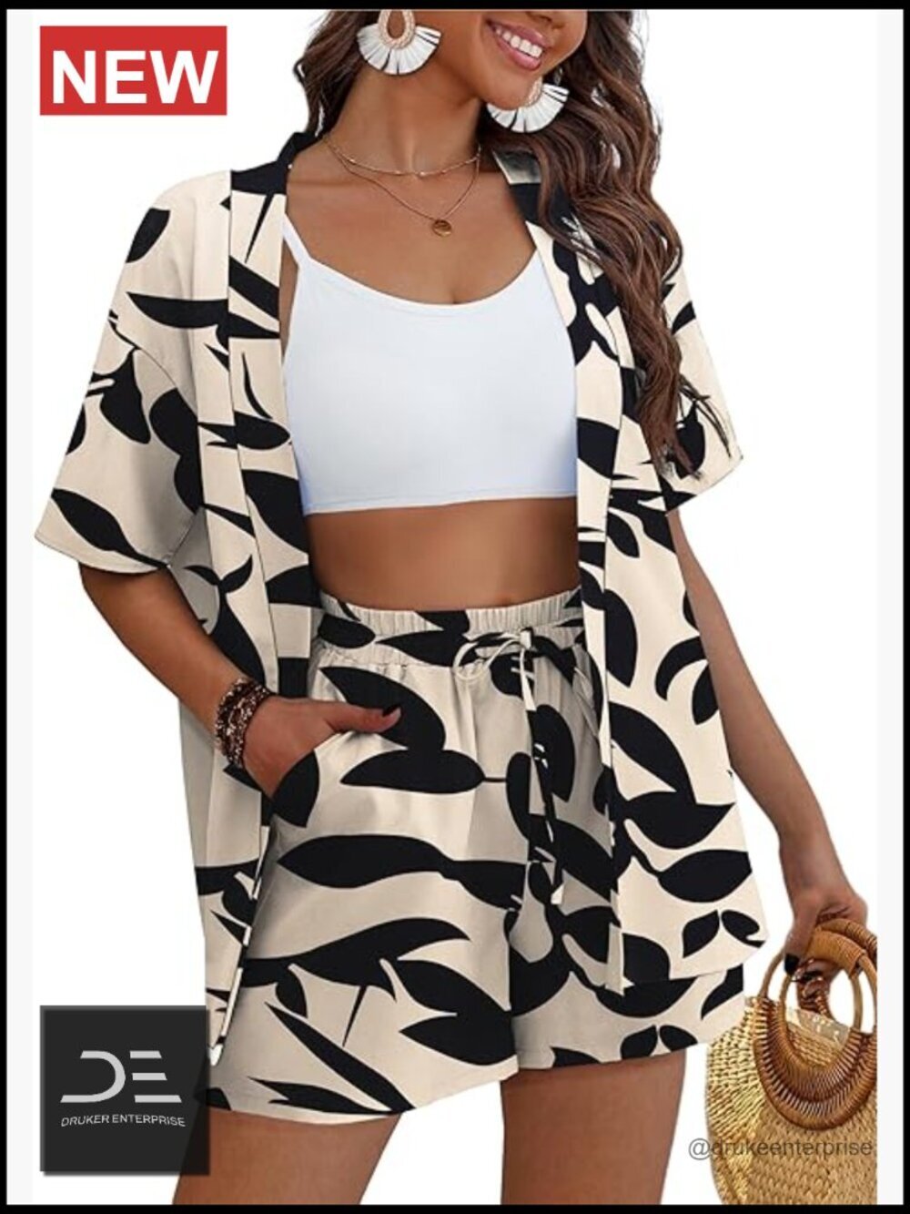 2 Piece Hawaiian Tropical Swimsuit Cover Up Kimono Set with Shorts Pockets S-XL
